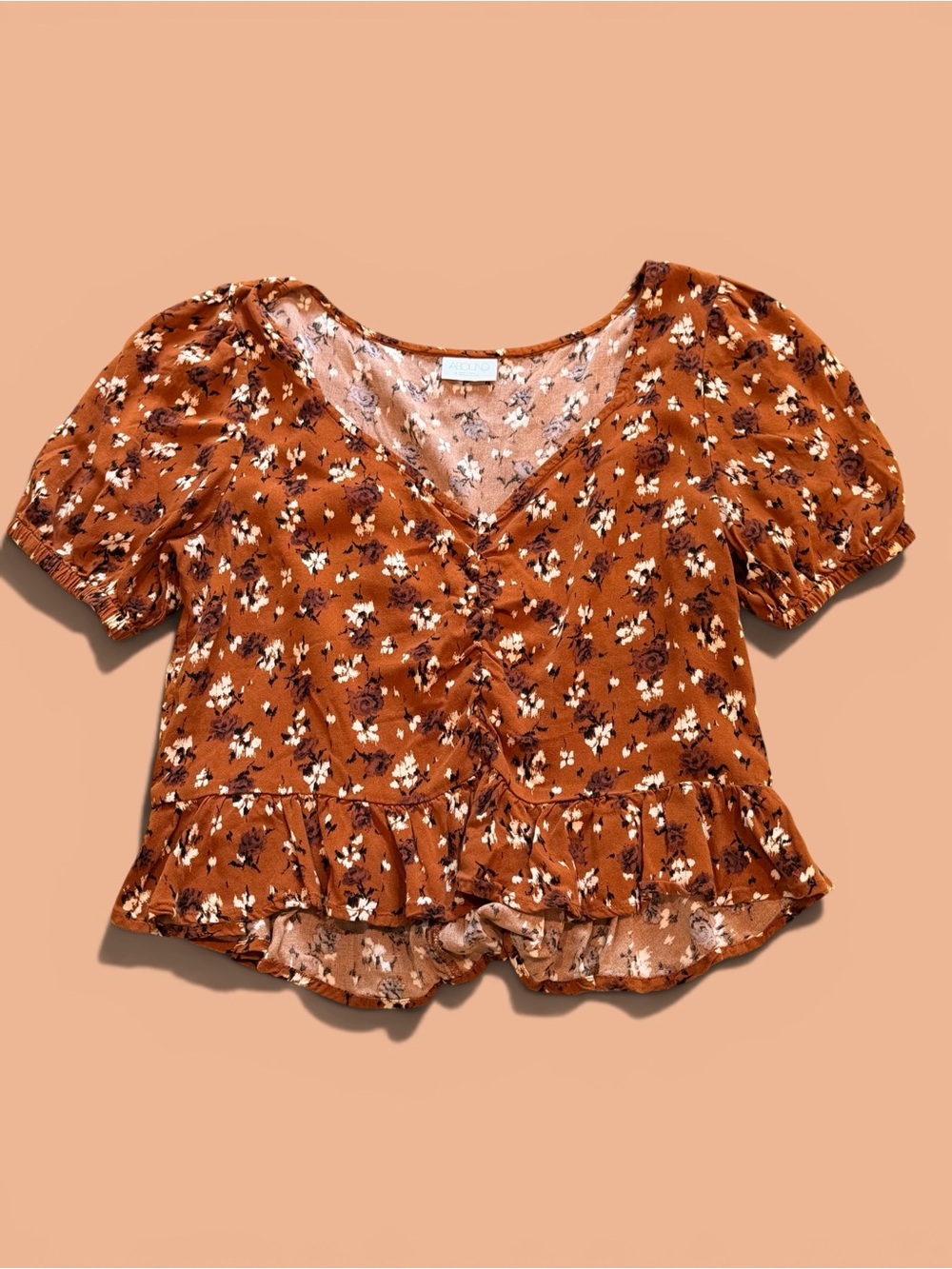 Abound Rust Floral Ruffle Peplum Cropped Blouse Size Small